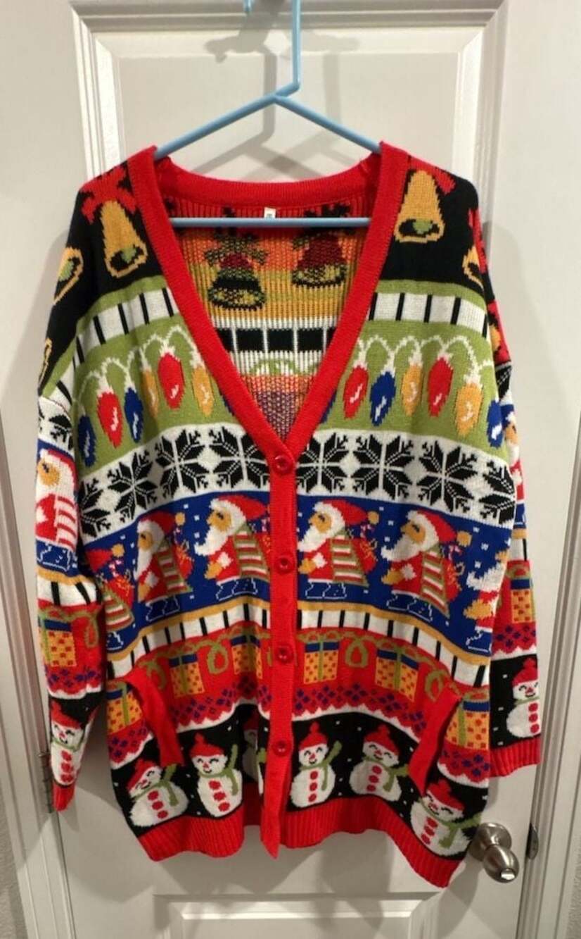 V28 Ugly Christmas Pattern Knit Cardigan with Santa, Snowman, and Bell Print